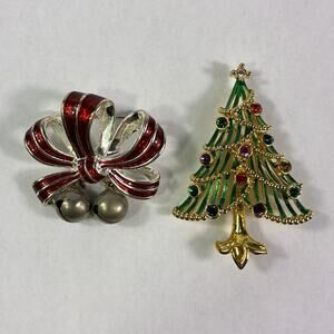 2 Christmas Broochs Pins Multicolor Rhinestone Tree & Anne Klein Bow w/ Bells